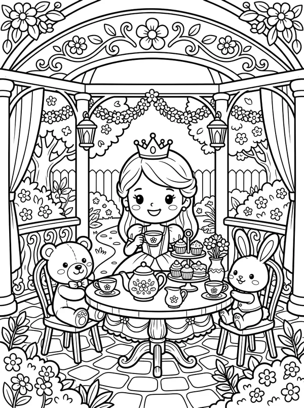ภาพระบายสี: เจ้าหญิงน้อยกับปาร์ตี้น้ำชาในสวน ตัวอย่างหน้าที่ 1