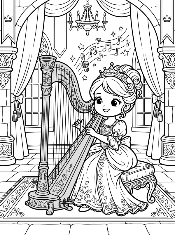 ภาพระบายสี: เจ้าหญิงน้อยบรรเลงเพลงกับพิณฮาร์ปทองคำ ตัวอย่างหน้าที่ 1