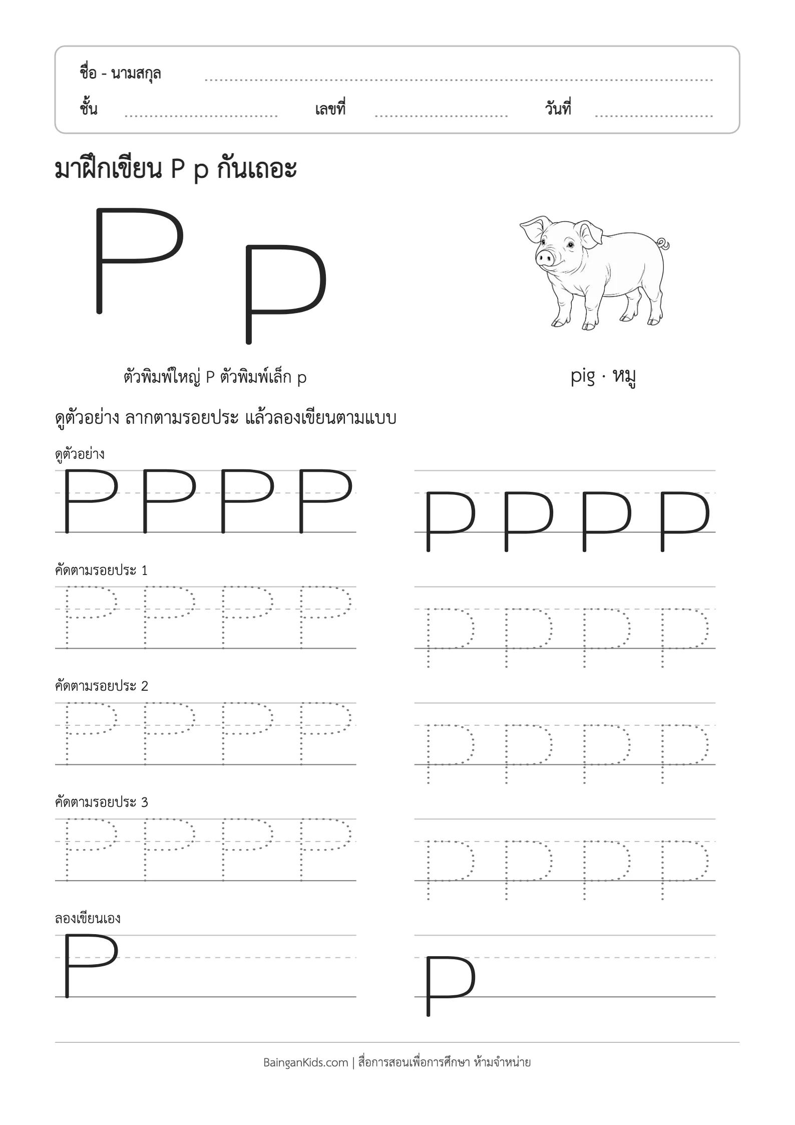 ฝึกเขียน P p (pig) ตัวอย่างหน้าที่ 1